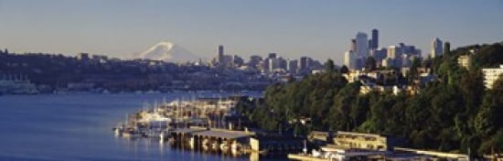Buildings at the waterfront Lake Union Seattle Washington State USA 2010 Canvas Art - Panoramic Images (36 x 12)