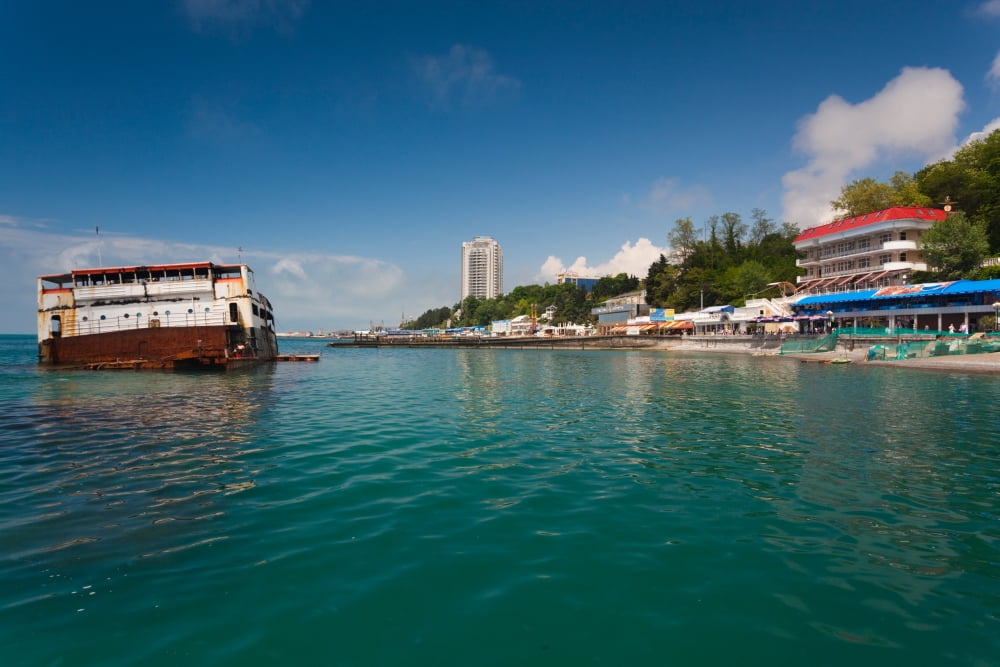 Buildings at the waterfront Lighthouse Beach Sochi Black Sea Coast Krasnodar Krai Russia Canvas Art - Panoramic Images (36 x 12)