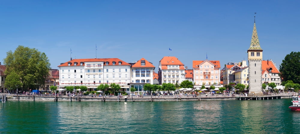 Buildings at the waterfront Mangturm Tower Lindau Lake Constance Bavaria Germany Canvas Art - Panoramic Images (36 x 12)