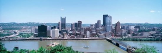 Buildings at the waterfront Monongahela River Pittsburgh Pennsylvania USA Canvas Art - Panoramic Images (36 x 12)