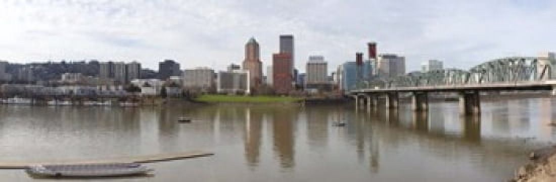 Buildings at the waterfront Willamette River Portland Multnomah County Oregon USA 2010 Canvas Art - Panoramic Images (18 x 6)