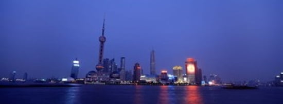 Buildings at the waterfront lit up at dusk Pudong Shanghai China Canvas Art - Panoramic Images (36 x 13)