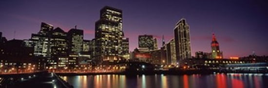 Buildings at the waterfront lit up at dusk San Francisco California USA Canvas Art - Panoramic Images (36 x 12)