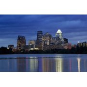 Buildings at the waterfront lit up at dusk Town Lake Austin Texas USA Canvas Art - Panoramic Images 36 x 24