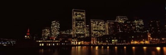 Buildings at the waterfront lit up at night San Francisco California USA Canvas Art - Panoramic Images (36 x 12)