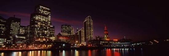Buildings at the waterfront lit up at night San Francisco California USA Canvas Art - Panoramic Images (36 x 12)