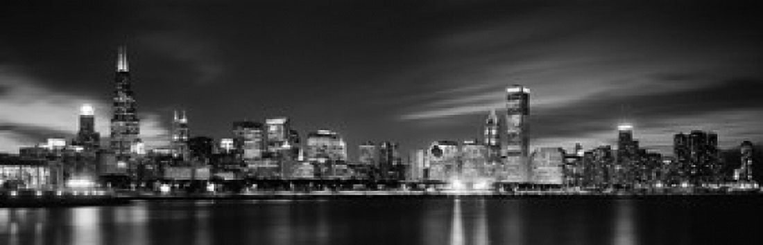 Buildings at the waterfront lit up at night Sears Tower Lake Michigan Chicago Cook County Illinois USA Canvas Art - Panoramic Images (18 x 6)