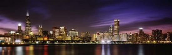 Buildings at the waterfront lit up at night Sears Tower Lake Michigan Chicago Cook County Illinois USA Canvas Art - Panoramic Images (36 x 12)