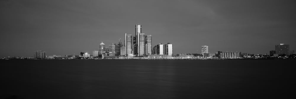Buildings at waterfront Detroit Michigan USA Canvas Art - Panoramic Images (12 x 36)