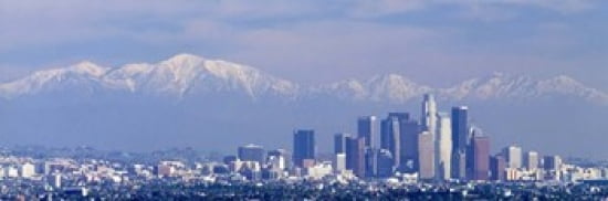 Buildings in a city with snowcapped mountains in the background San Gabriel Mountains City of Los Angeles California USA Canvas Art - Panoramic Images (36 x 12)