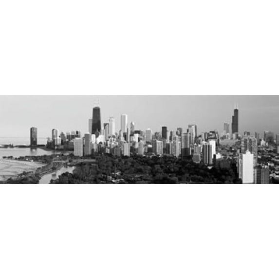 Buildings in a city, view of Hancock Building and Sears Tower, Lincoln Park, Lake Michigan, Chicago, Cook County, Illinois, USA Poster Print (36 x 12)
