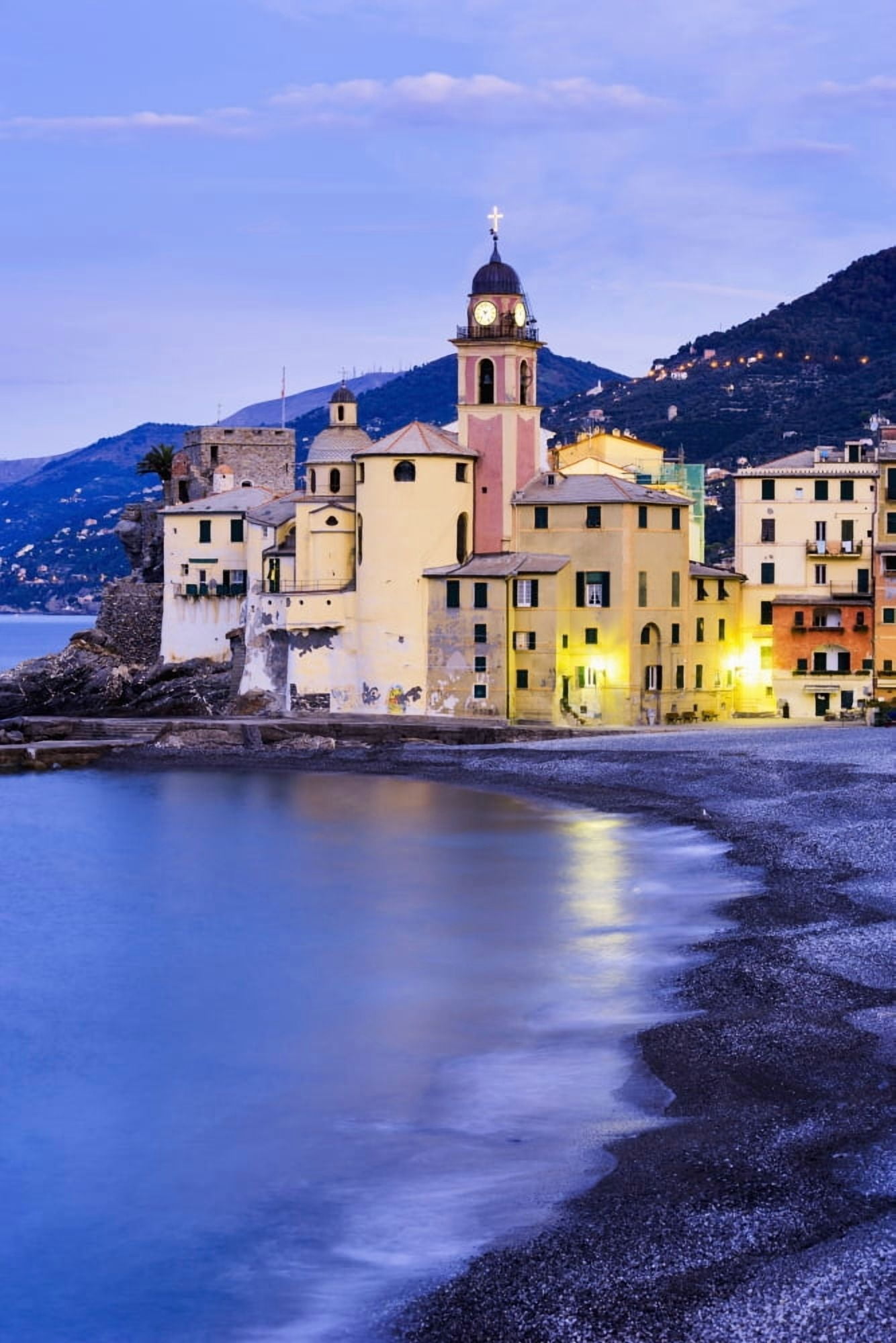Buildings illuminated by lights along the waters edge at sunrise Camogli Liguria Italy Canvas Art - Yves Marcoux Design Pics (24 x 38)
