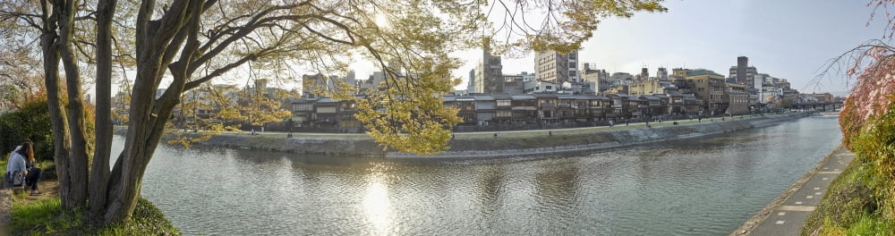 Buildings in a city at the waterfront Kamo River Kyoto Prefecture Japan Canvas Art - Panoramic Images (36 x 12)