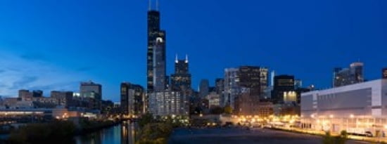 Buildings in a city lit up at dusk Chicago Illinois USA Canvas Art - Panoramic Images (30 x 12)