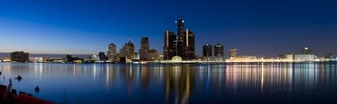 Buildings in a city lit up at dusk Detroit River Detroit Michigan USA Canvas Art - Panoramic Images (18 x 6)