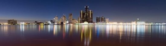 Buildings in a city lit up at dusk Detroit River Detroit Michigan USA Canvas Art - Panoramic Images (42 x 12)
