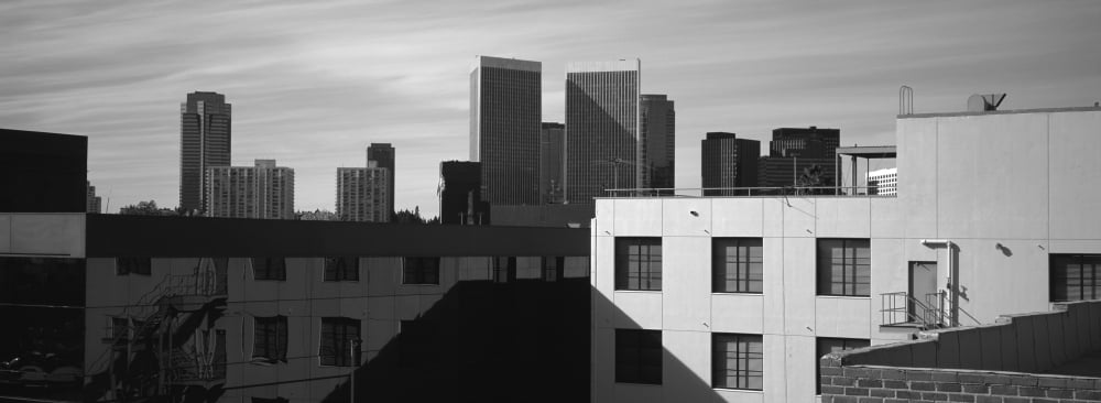 Buildings in front of skyscrapers Century City City of Los Angeles California USA Canvas Art - Panoramic Images (13 x 36)