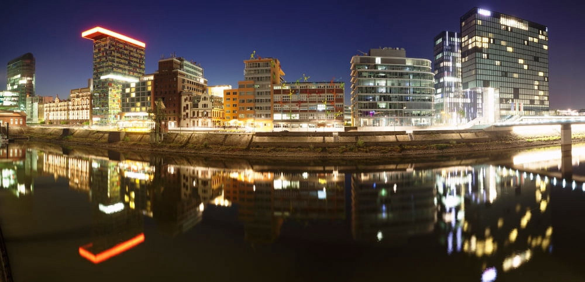 Buildings lit up at dusk Colorium Roggendorf Haus Hyatt Hotel Media Harbour Dusseldorf North Rhine Westphalia Germany Canvas Art - Panoramic Images (27 x 9)