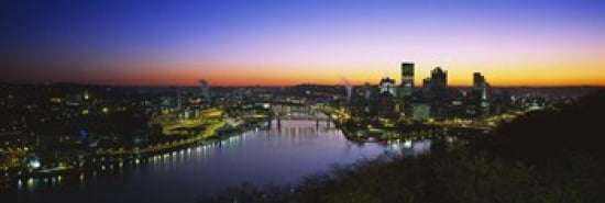 Buildings lit up at dawn Pittsburgh Pennsylvania USA Canvas Art - Panoramic Images (36 x 12)