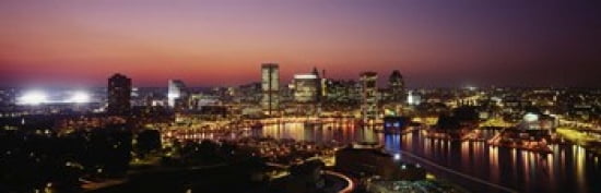Buildings lit up at dusk Baltimore Maryland USA Canvas Art - Panoramic Images (36 x 12)