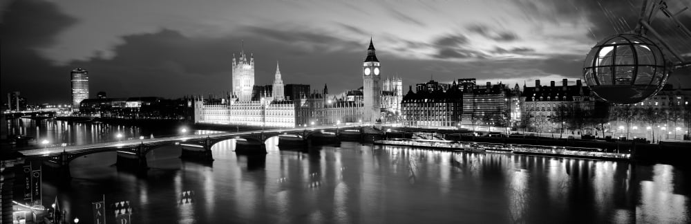 Buildings lit up at dusk Big Ben Houses Of Parliament London England Canvas Art - Panoramic Images (12 x 36)