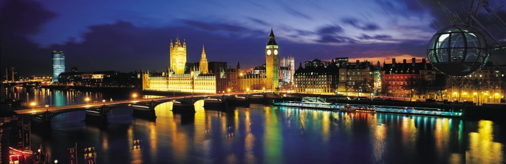 Buildings lit up at dusk Big Ben Houses Of Parliament London England Canvas Art - Panoramic Images (36 x 12)