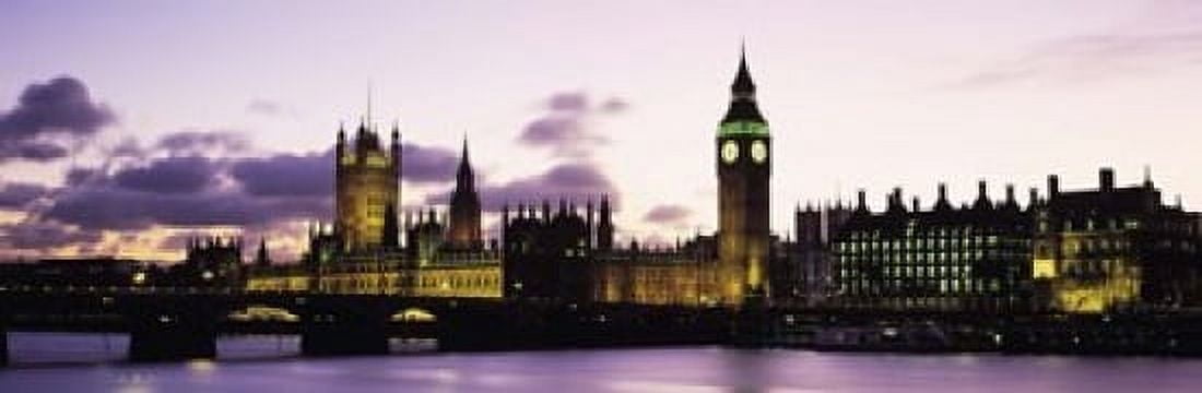 Buildings lit up at dusk Big Ben Houses of Parliament Thames River City Of Westminster London England Canvas Art - Panoramic Images (18 x 6)