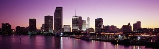 Buildings lit up at dusk Biscayne Bay Miami Miami-Dade county Florida USA Canvas Art - Panoramic Images (36 x 12)