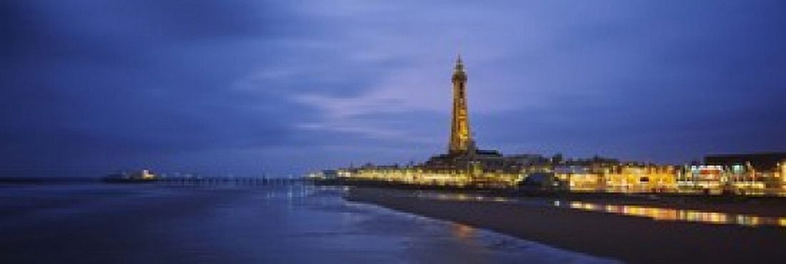 Buildings lit up at dusk Blackpool Tower Blackpool Lancashire England Canvas Art - Panoramic Images (18 x 6)