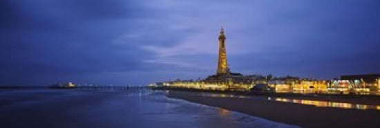 Buildings lit up at dusk Blackpool Tower Blackpool Lancashire England Canvas Art - Panoramic Images (36 x 12)