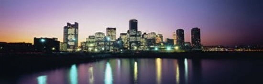 Buildings lit up at dusk Boston Suffolk County Massachusetts USA Canvas Art - Panoramic Images (18 x 6)