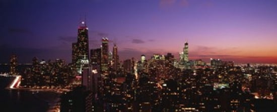 Buildings lit up at dusk Chicago Illinois USA Canvas Art - Panoramic Images (30 x 12)