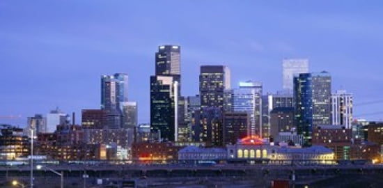 Buildings lit up at dusk Denver Colorado USA Canvas Art - Panoramic Images (24 x 12)