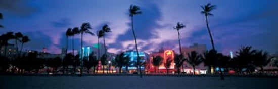 Buildings lit up at dusk Miami Florida USA Canvas Art - Panoramic Images (36 x 12)