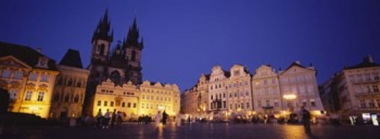 Buildings lit up at dusk Prague Old Town Square Old Town Prague Czech Republic Canvas Art - Panoramic Images (36 x 13)