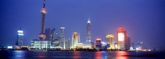 Buildings lit up at dusk Shanghai China Canvas Art - Panoramic Images (36 x 13)