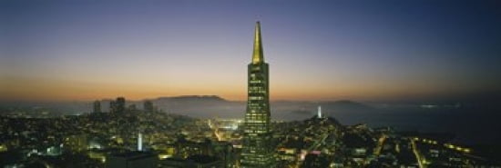 Buildings lit up at dusk Transamerica Pyramid San Francisco California USA Canvas Art - Panoramic Images (36 x 12)