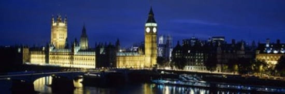 Buildings lit up at dusk Westminster Bridge Big Ben Houses Of Parliament Westminster London England Canvas Art - Panoramic Images (18 x 6)