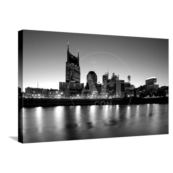 Buildings lit up at dusk at the waterfront, Cumberland River, Bell South Tower, Nashville, Tenne, Scenic Stretched Canvas Wall Art Sold by Art.Com