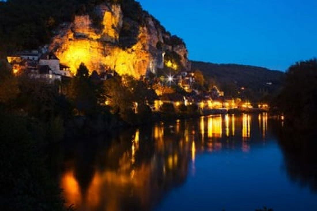 Buildings lit up at evening Dordogne River La Roque-Gageac Dordogne Aquitaine France Canvas Art - Panoramic Images (36 x 24)