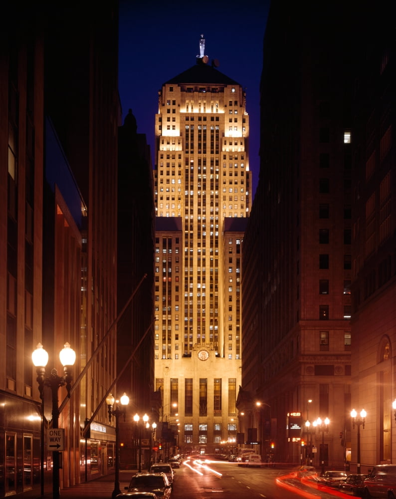 Buildings lit up at night Chicago Board of Trade Building LaSalle Street Chicago Cook County Illinois USA Canvas Art - Panoramic Images (12 x 36)