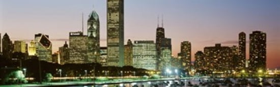 Buildings lit up at night Chicago Cook County Illinois USA Canvas Art - Panoramic Images (36 x 12)