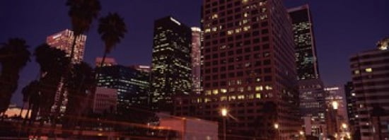 Buildings lit up at night City of Los Angeles California USA Canvas Art - Panoramic Images (36 x 13)