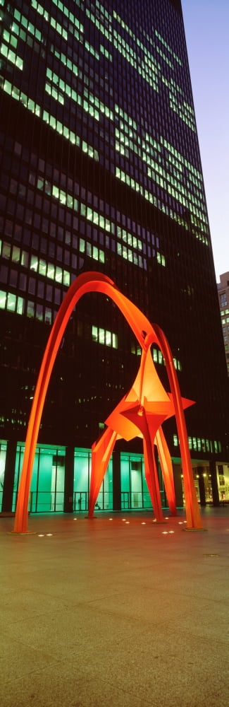 Buildings lit up at night Flamingo Sculputure Alexander Calder Federal Plaza Chicago Illinois USA Canvas Art - Panoramic Images (36 x 12)