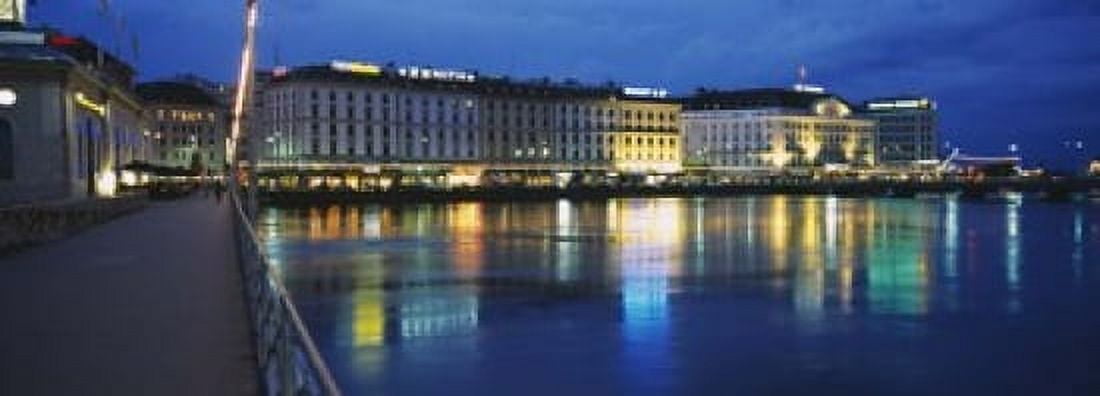Buildings lit up at night Geneva Switzerland Canvas Art - Panoramic Images (18 x 7)