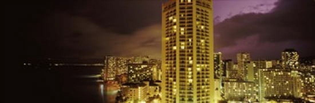 Buildings lit up at night Honolulu Oahu Hawaii USA Canvas Art - Panoramic Images (18 x 6)