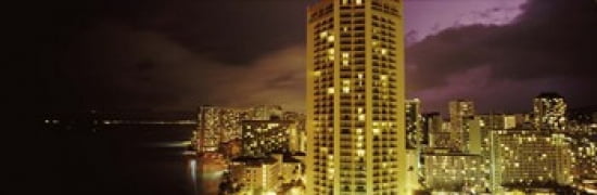 Buildings lit up at night Honolulu Oahu Hawaii USA Canvas Art - Panoramic Images (36 x 12)