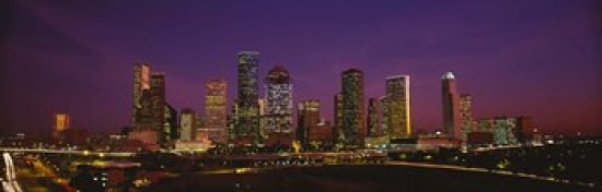 Buildings lit up at night Houston Texas USA Canvas Art - Panoramic Images (36 x 12)