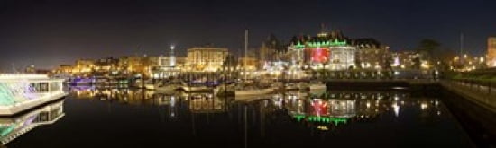 Buildings lit up at night Inner Harbour Victoria British Columbia Canada 2011 Canvas Art - Panoramic Images (38 x 12)