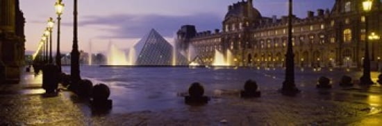 Buildings lit up at night Louvre Museum Paris France Canvas Art - Panoramic Images (36 x 12)